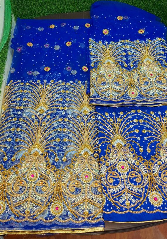 Silk and Net Luxury Bridal George -blue and gold